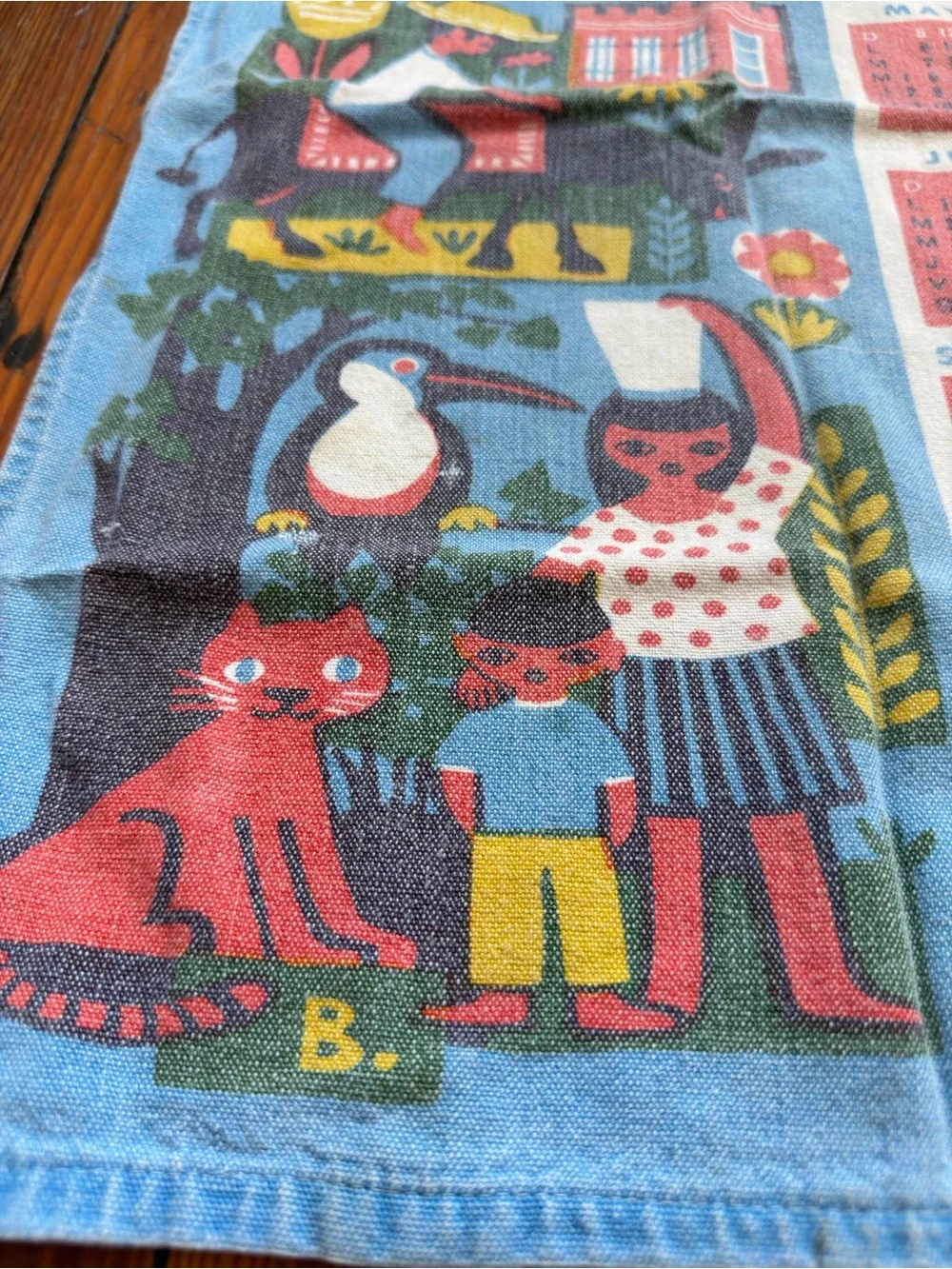 Vintage 1974 Blue Calendar Tea Towel - Colorful Folk Art Design